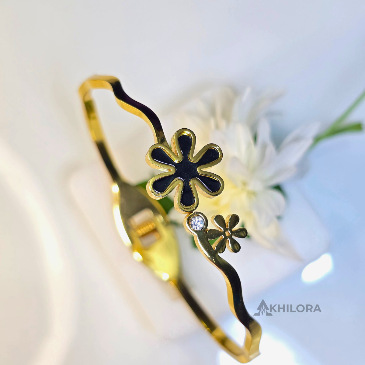 AK00157 - Gold-Plated Dual Floral Bangle with Black Enamel & Crystal