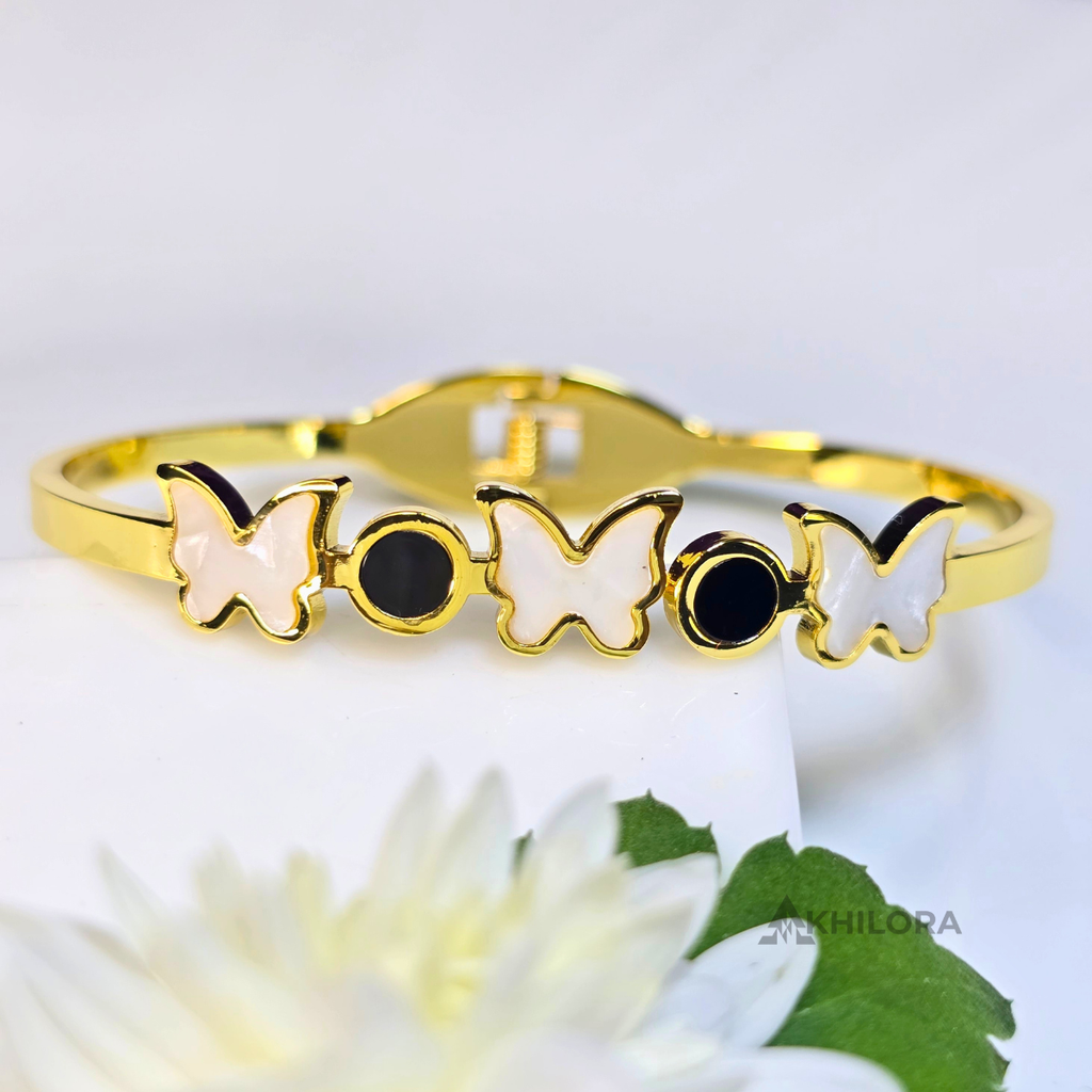 AK00159 - Whimsical Butterfly Gold-Plated Bangle with Mother-of-Pearl & Black Enamel
