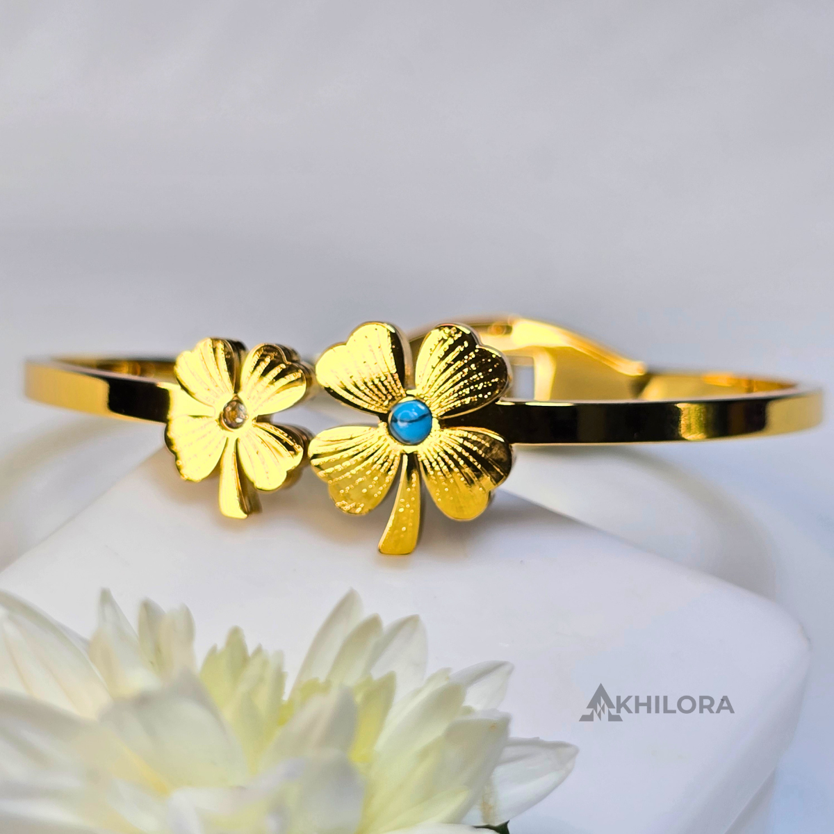 AK00160 - Dual Four-Leaf Clover Gold-Plated Bangle with Turquoise & Crystal