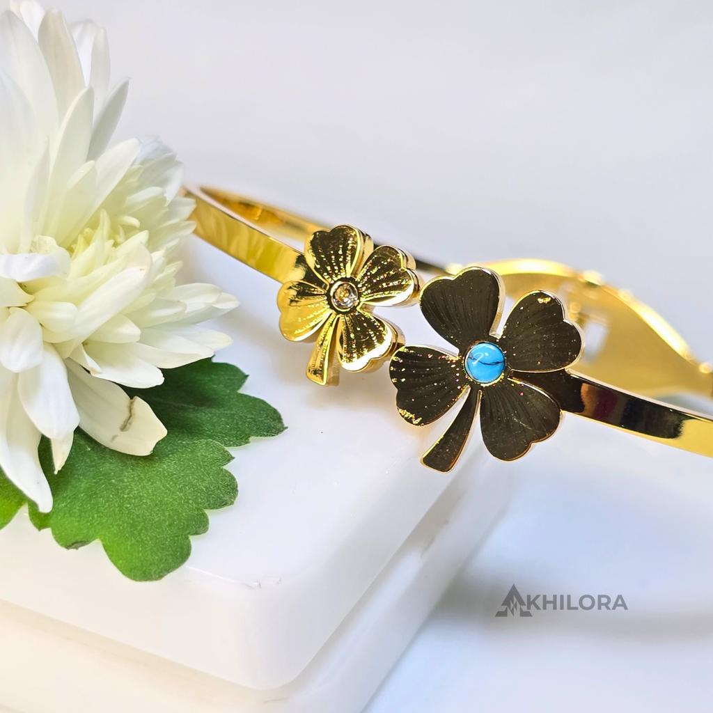 AK00160 - Dual Four-Leaf Clover Gold-Plated Bangle with Turquoise & Crystal