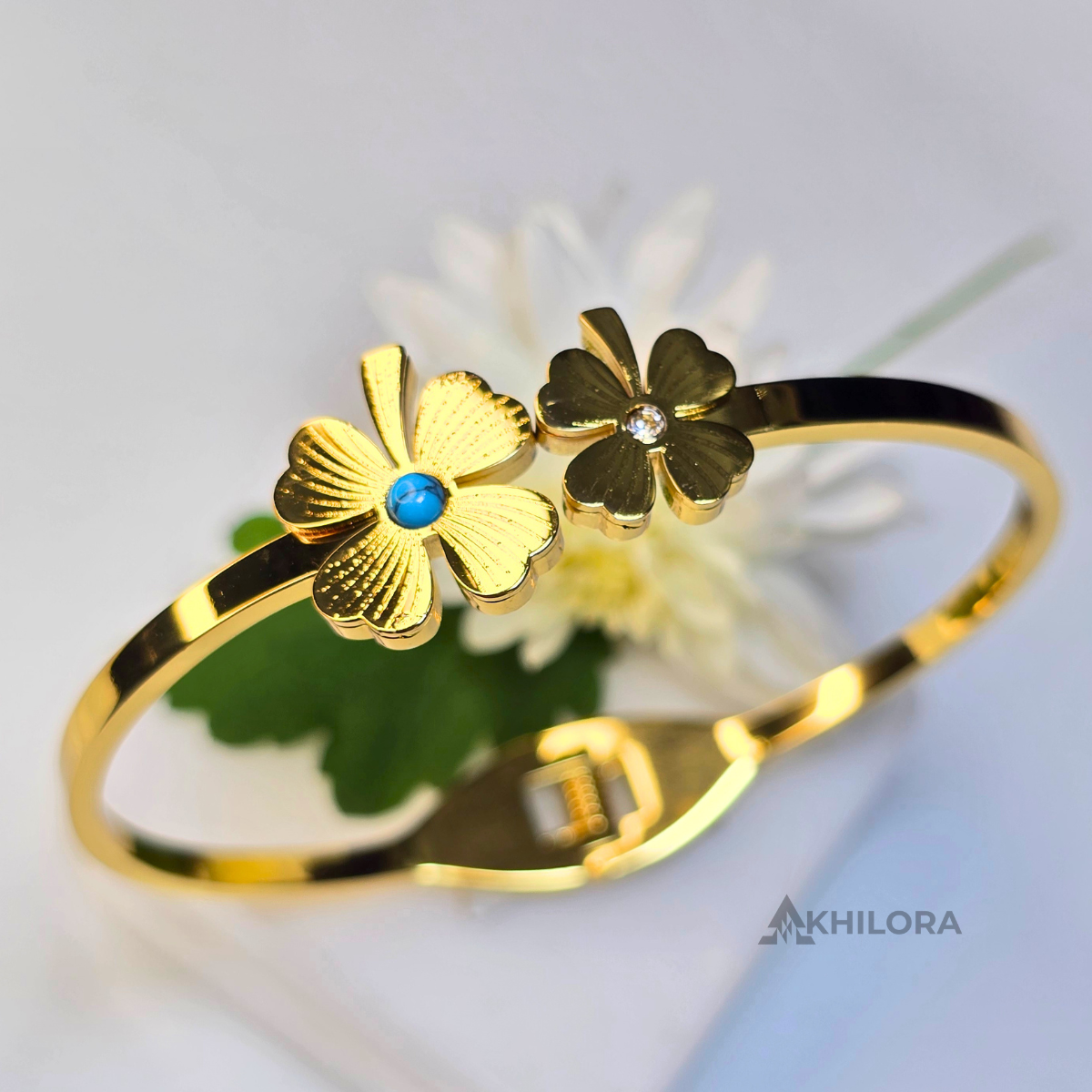 AK00160 - Dual Four-Leaf Clover Gold-Plated Bangle with Turquoise & Crystal