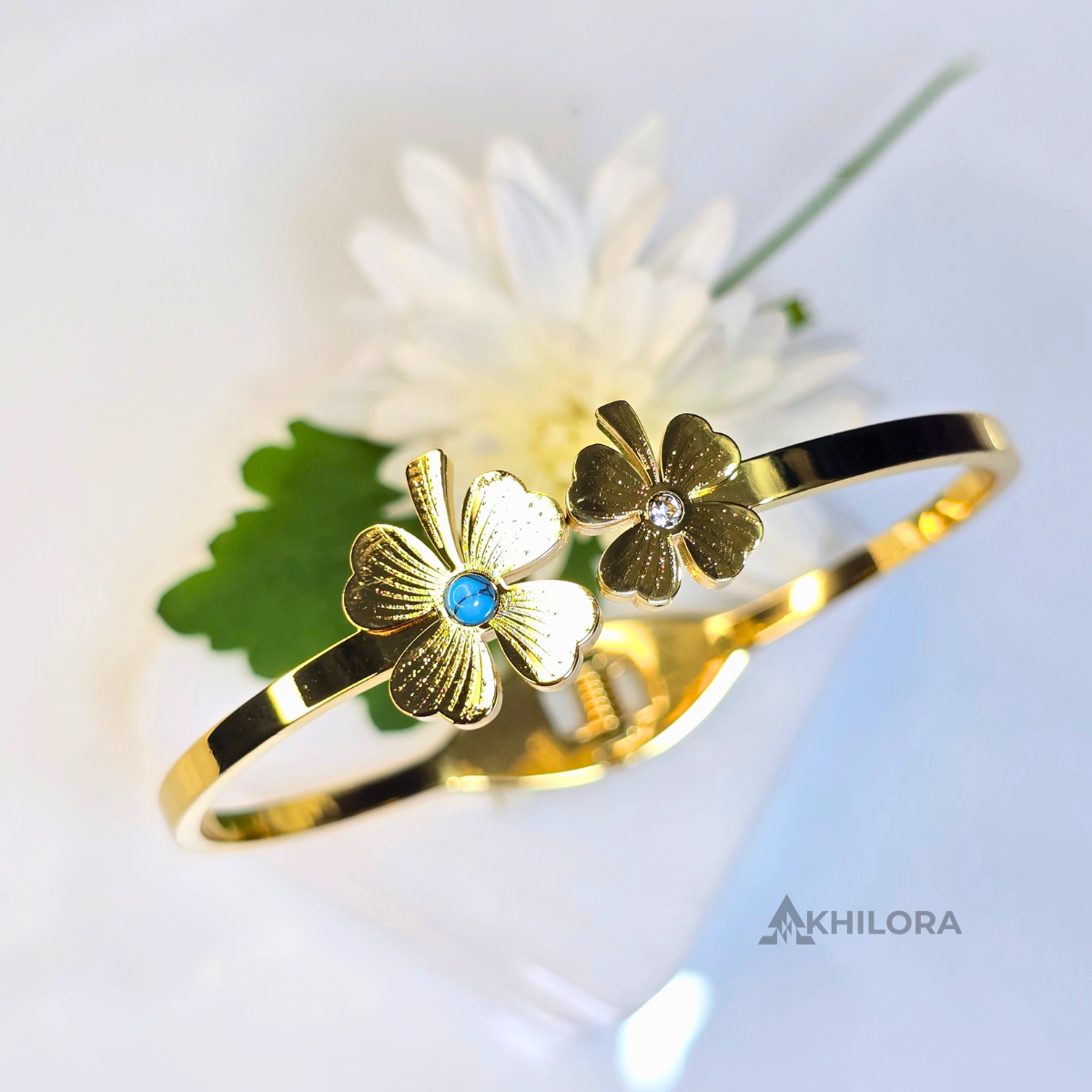 AK00160 - Dual Four-Leaf Clover Gold-Plated Bangle with Turquoise & Crystal