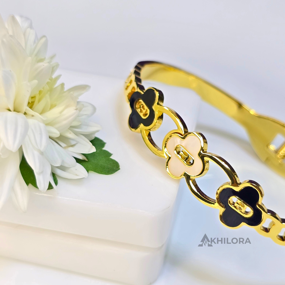 AK00162 - Monogram Flower Gold-Plated Bangle with Black & White Enamel