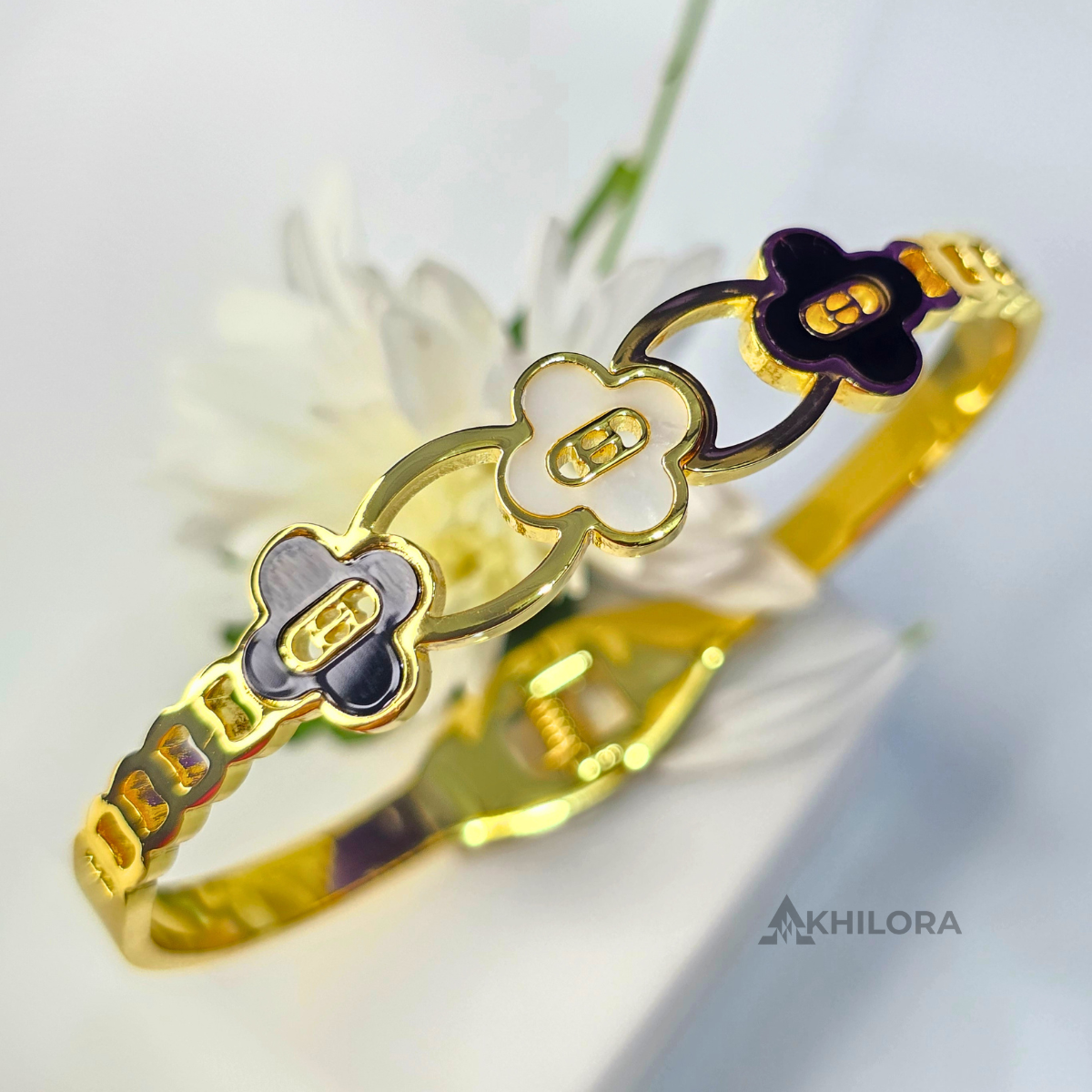 AK00162 - Monogram Flower Gold-Plated Bangle with Black & White Enamel