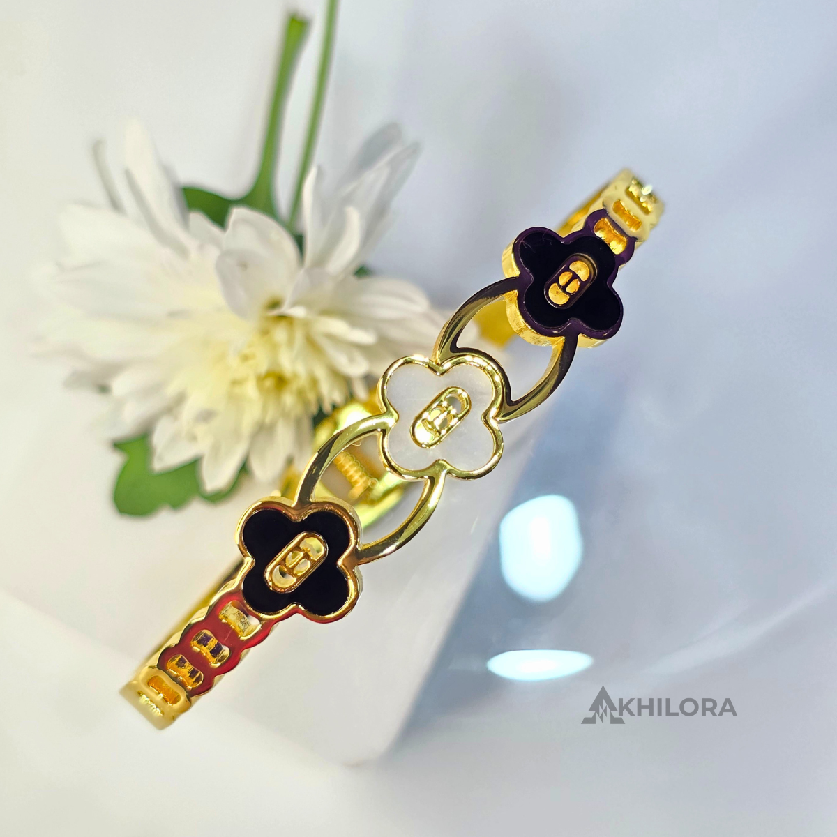 AK00162 - Monogram Flower Gold-Plated Bangle with Black & White Enamel