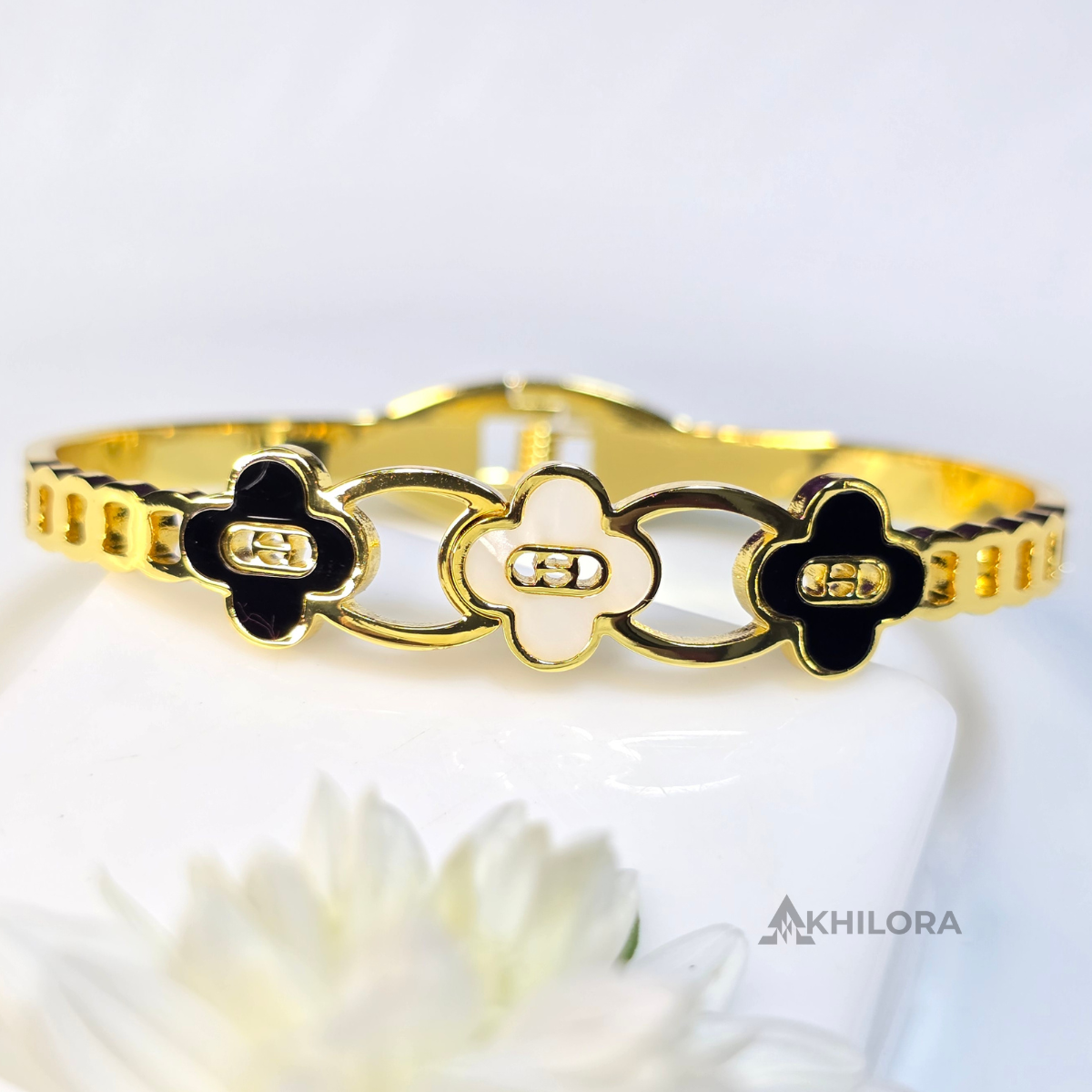 AK00162 - Monogram Flower Gold-Plated Bangle with Black & White Enamel