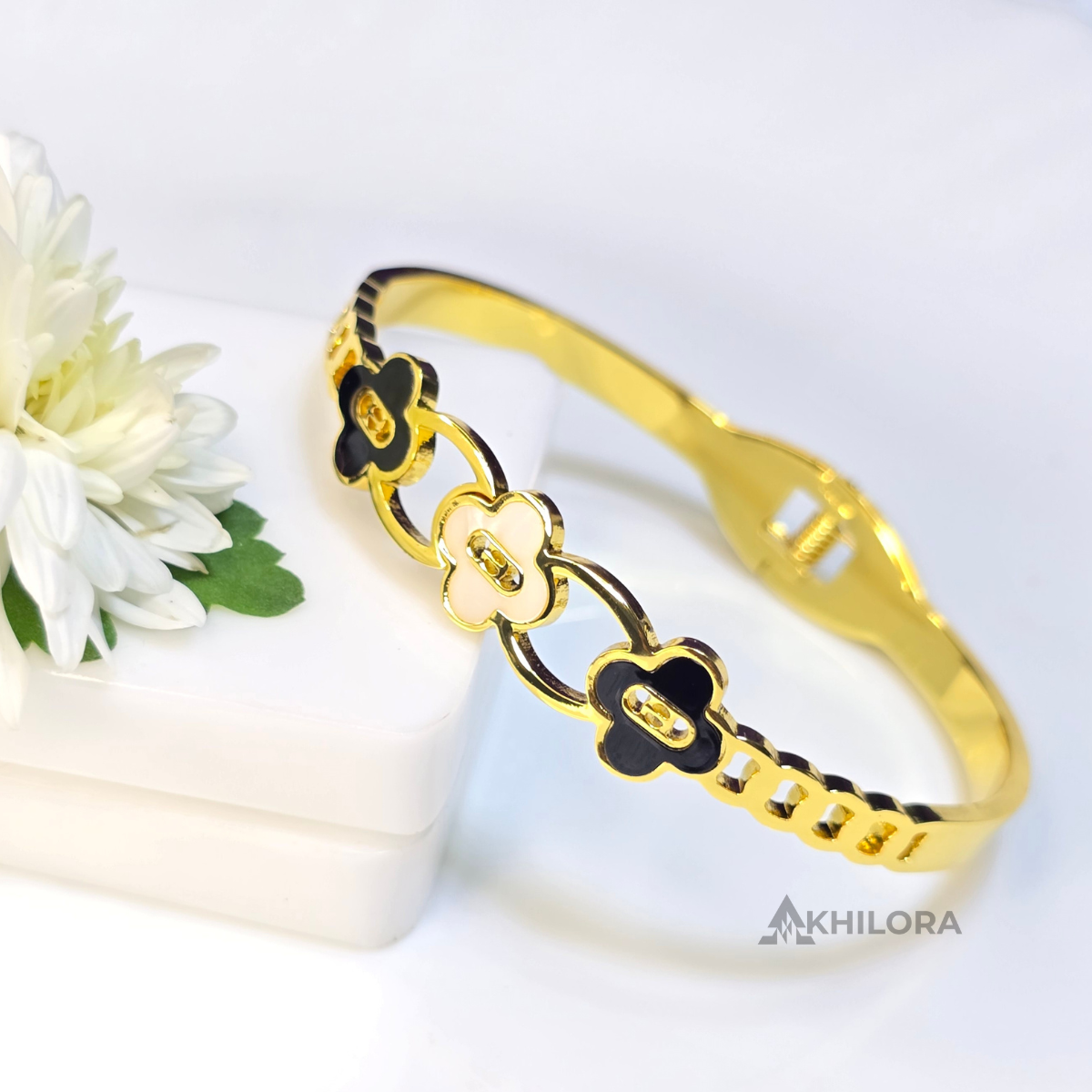 AK00162 - Monogram Flower Gold-Plated Bangle with Black & White Enamel