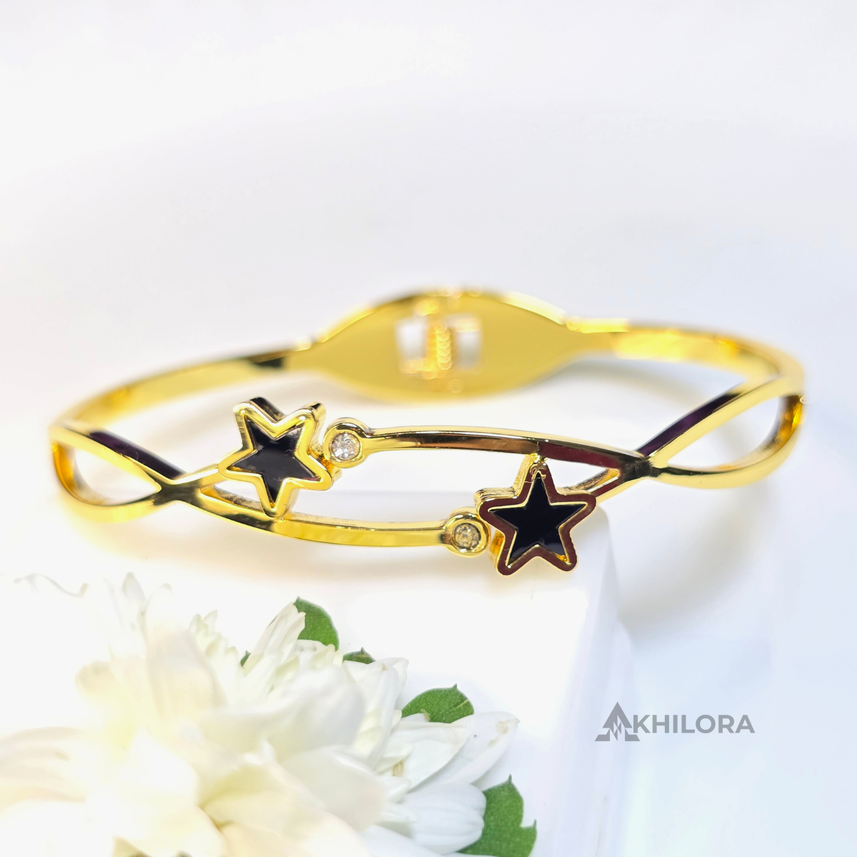 AK00165 - Celestial Star Gold-Plated Open-Frame Bangle with Black Enamel & Crystals