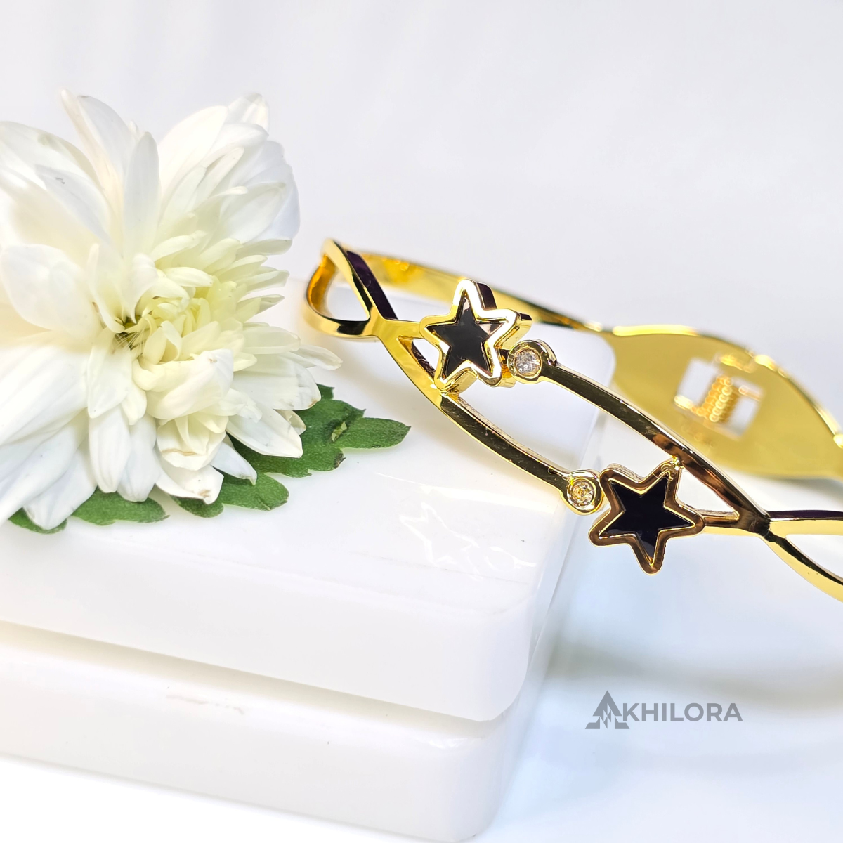 AK00165 - Celestial Star Gold-Plated Open-Frame Bangle with Black Enamel & Crystals