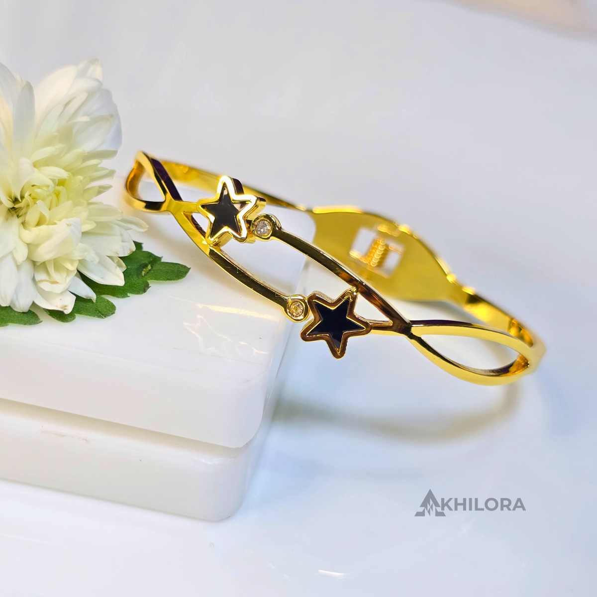 AK00165 - Celestial Star Gold-Plated Open-Frame Bangle with Black Enamel & Crystals