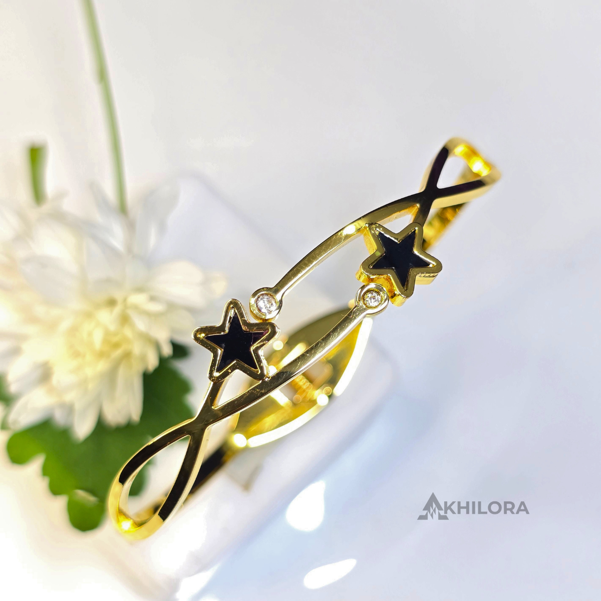 AK00165 - Celestial Star Gold-Plated Open-Frame Bangle with Black Enamel & Crystals