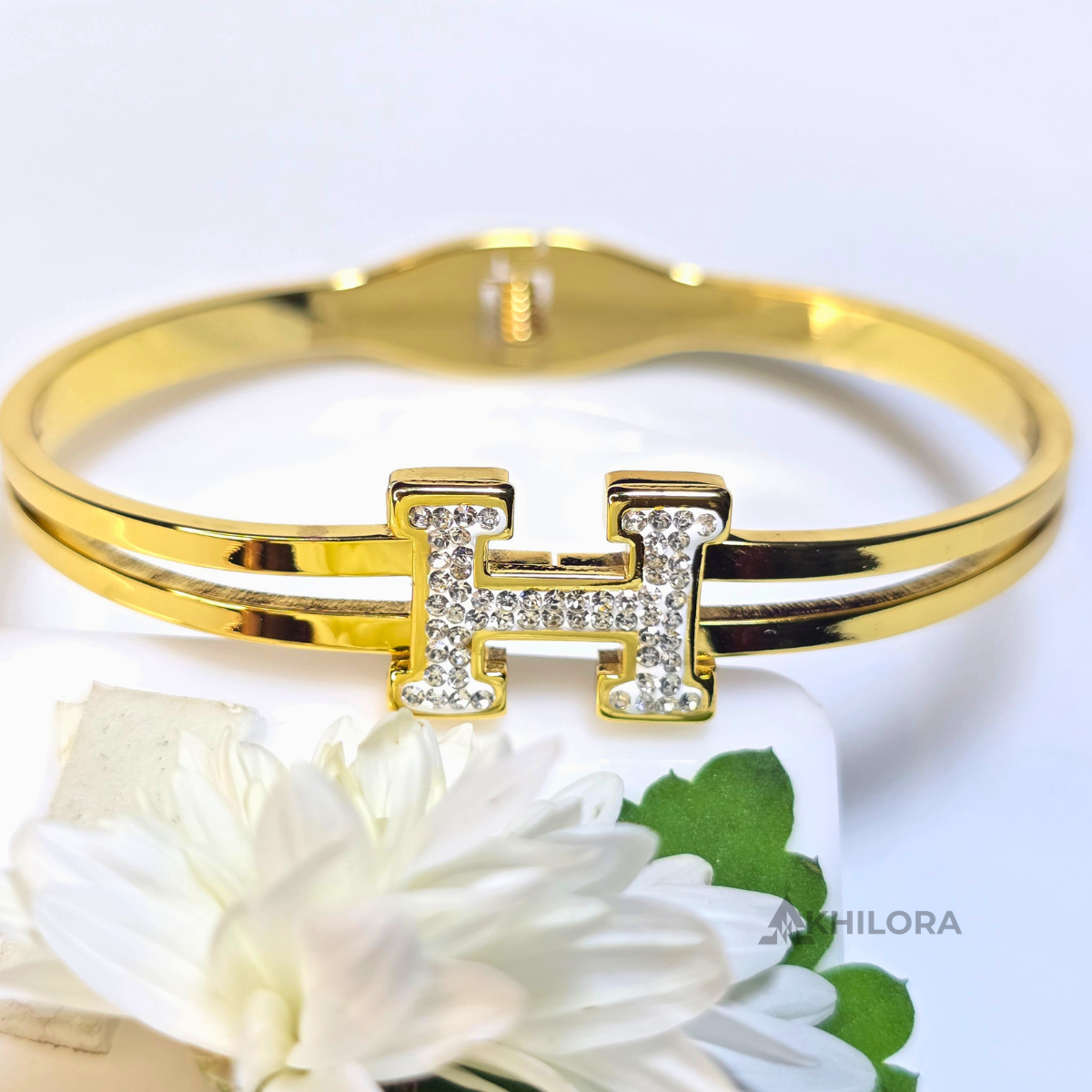 AK00166 - Crystal-Encrusted 'H' Gold-Plated Double-Band Bangle