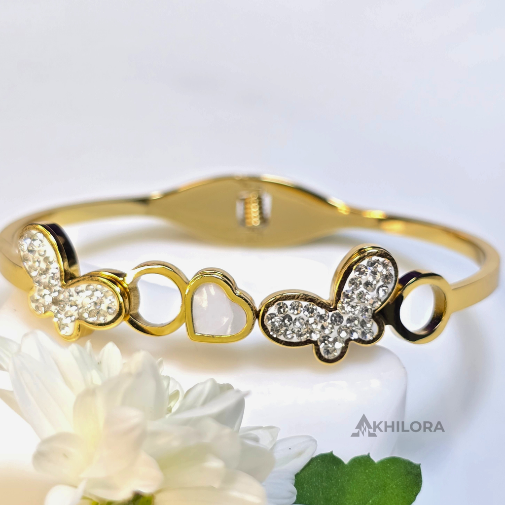 AK00167 - Flutter of Love Gold-Plated Bangle with Rhinestone Butterflies & Heart