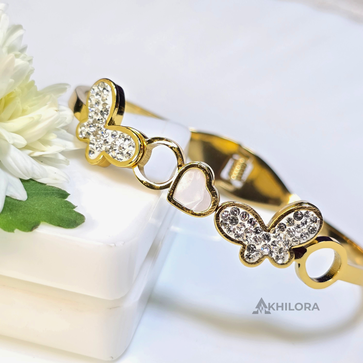 AK00167 - Flutter of Love Gold-Plated Bangle with Rhinestone Butterflies & Heart