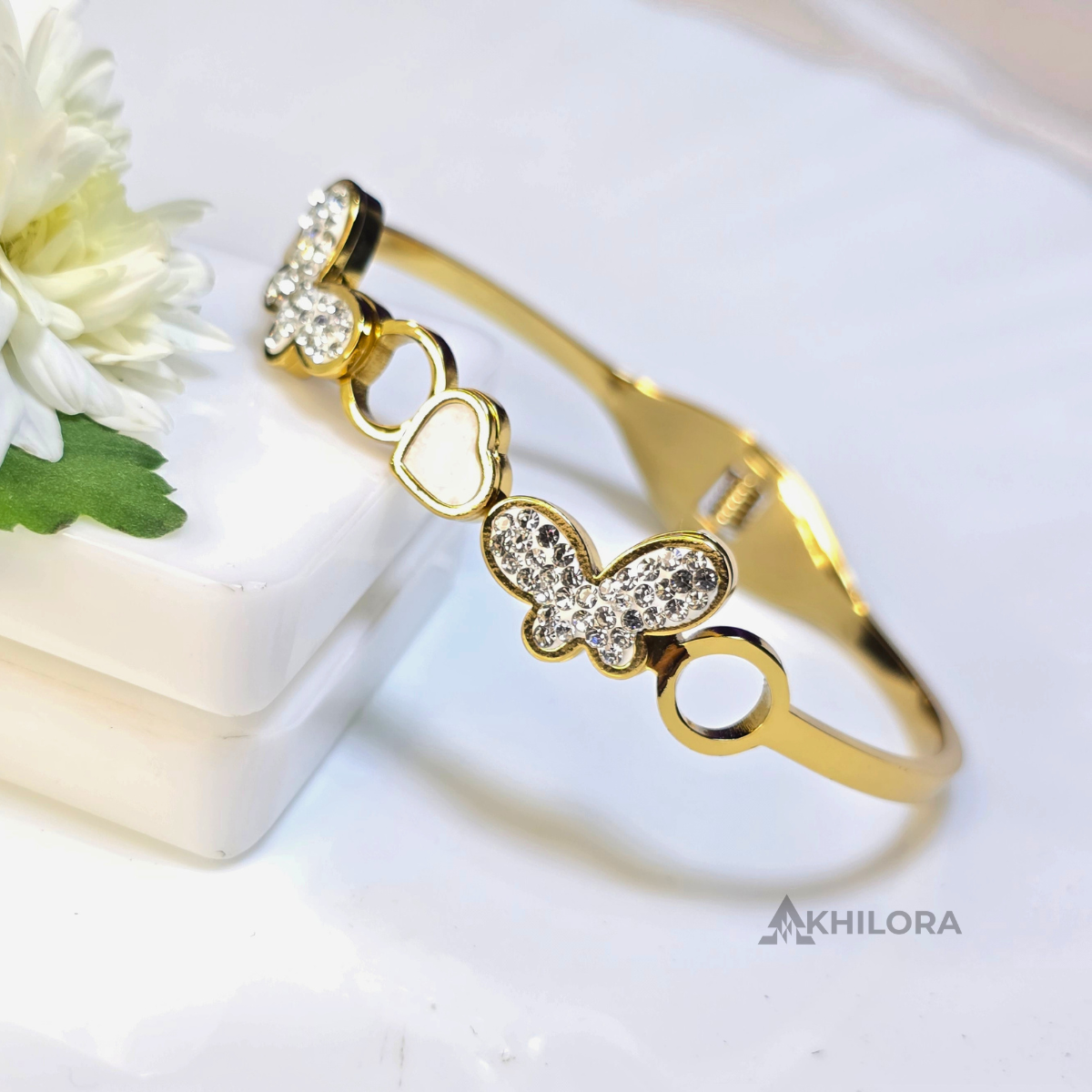AK00167 - Flutter of Love Gold-Plated Bangle with Rhinestone Butterflies & Heart