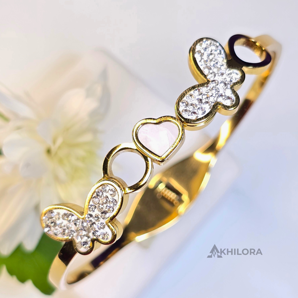 AK00167 - Flutter of Love Gold-Plated Bangle with Rhinestone Butterflies & Heart