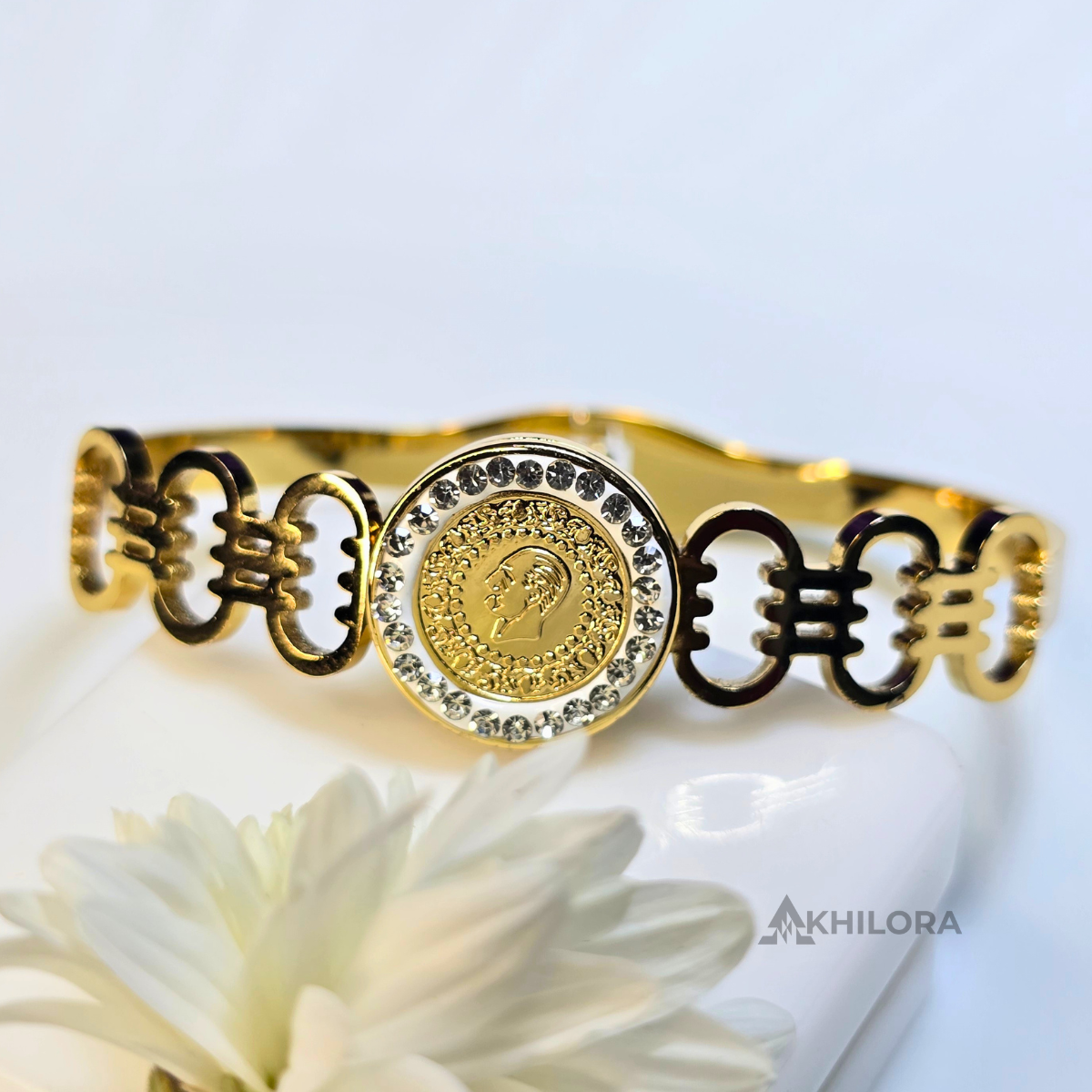 AK00168 - Royal Medallion Gold-Plated Bangle with Crystal Halo & Monogram Detail