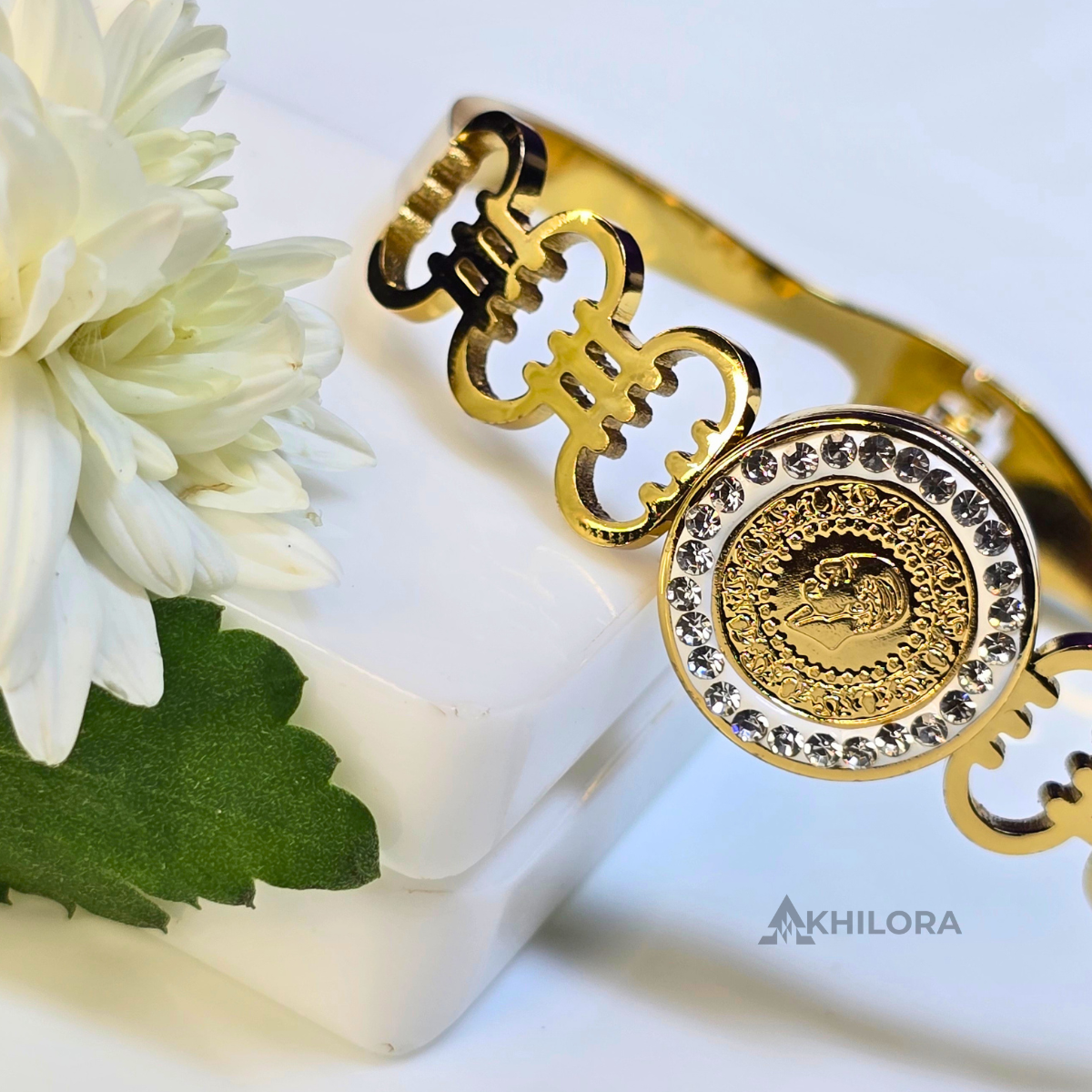 AK00168 - Royal Medallion Gold-Plated Bangle with Crystal Halo & Monogram Detail
