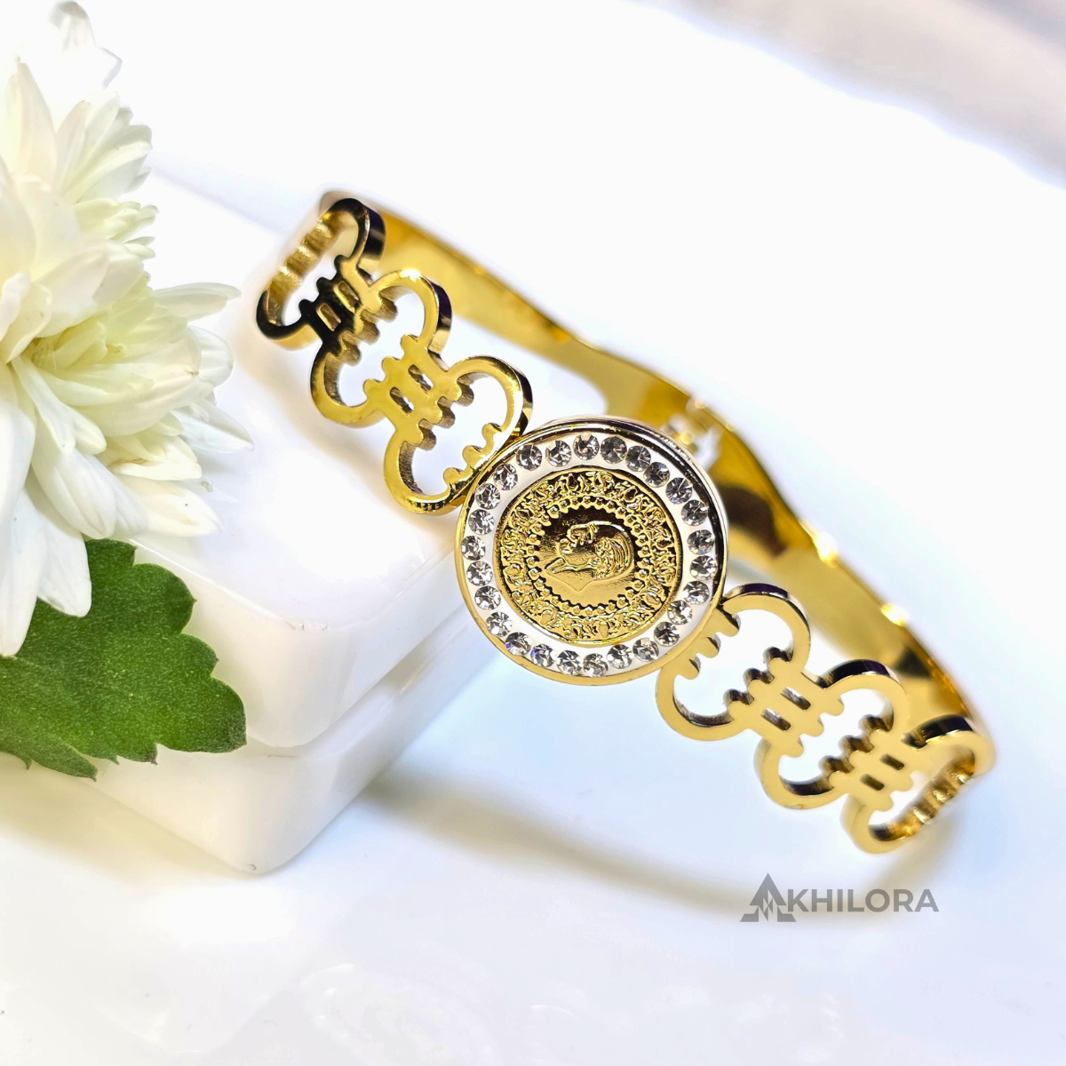 AK00168 - Royal Medallion Gold-Plated Bangle with Crystal Halo & Monogram Detail