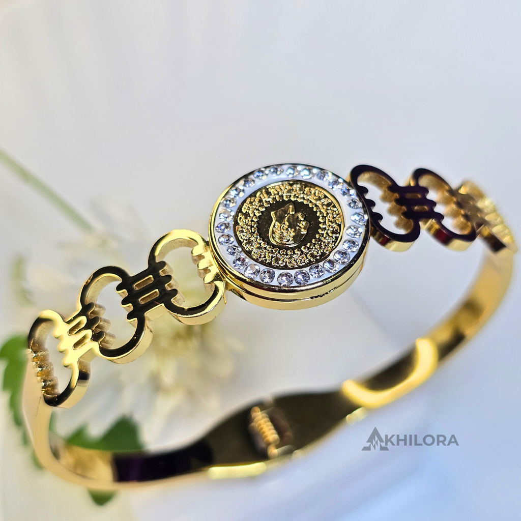 AK00168 - Royal Medallion Gold-Plated Bangle with Crystal Halo & Monogram Detail