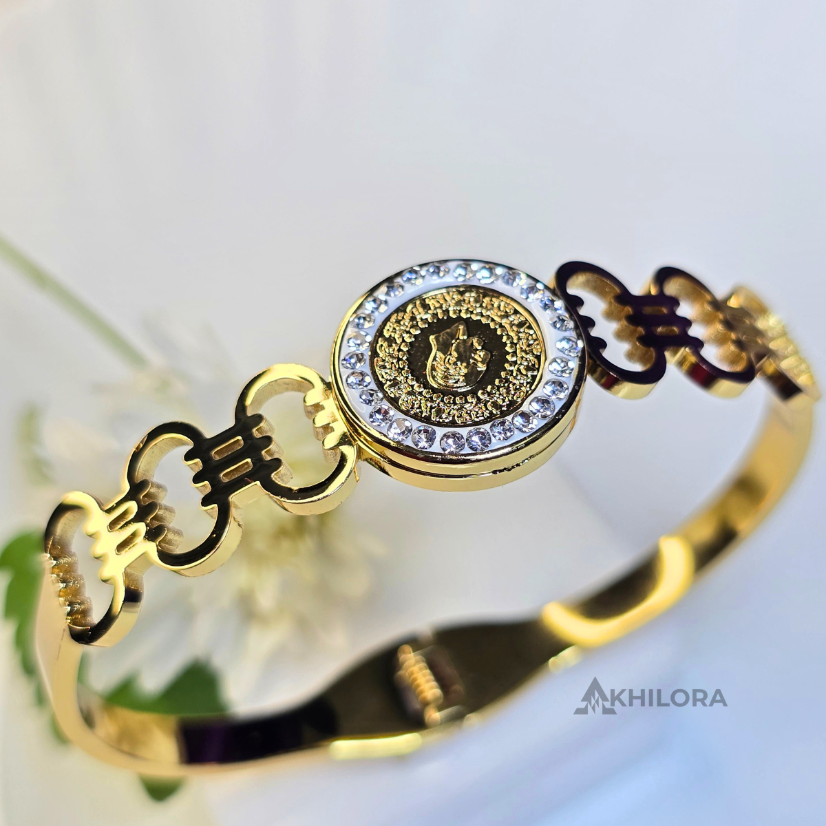AK00168 - Royal Medallion Gold-Plated Bangle with Crystal Halo & Monogram Detail
