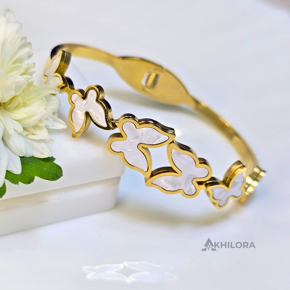 AK00169 - Ethereal White Butterfly Gold-Plated Bangle