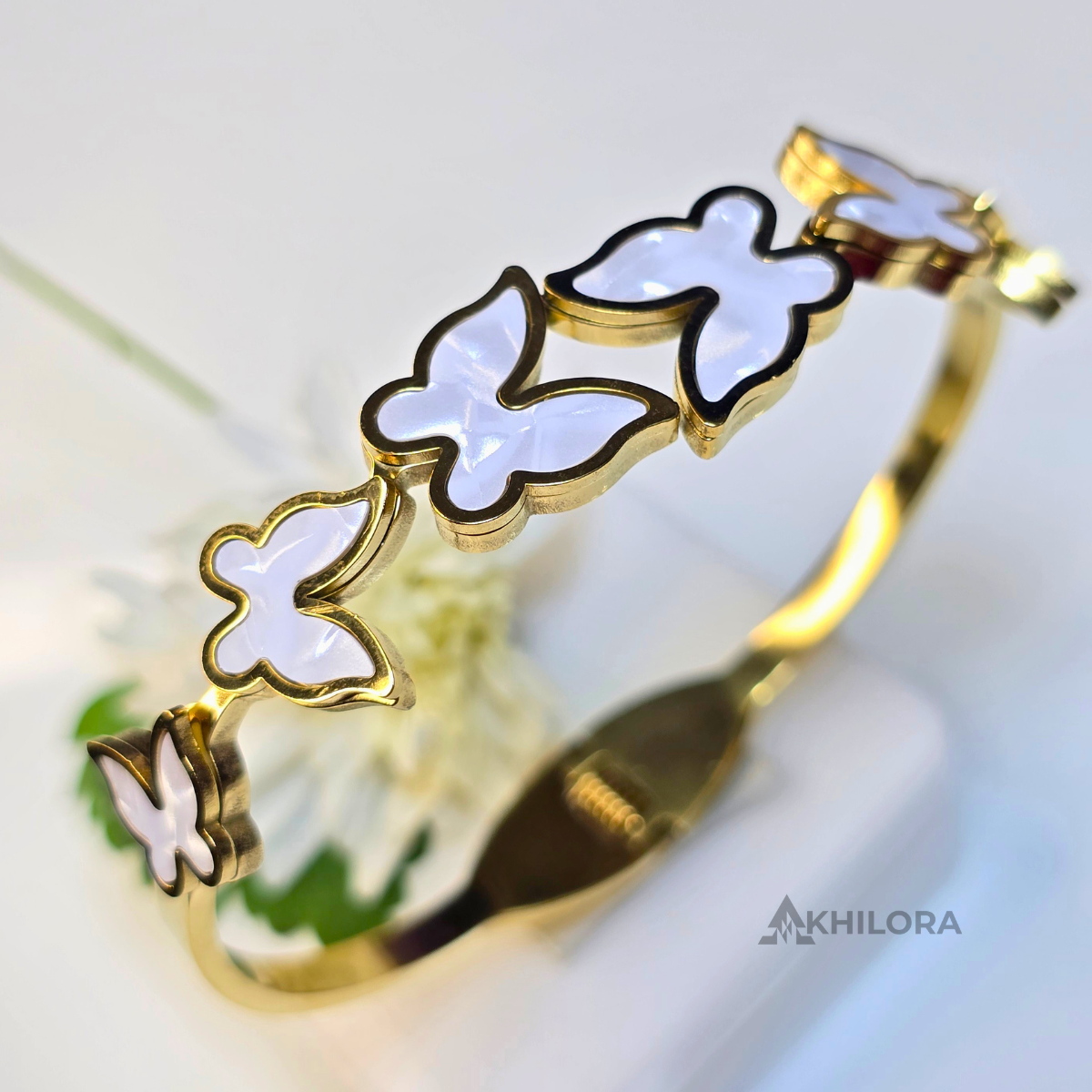 AK00169 - Ethereal White Butterfly Gold-Plated Bangle