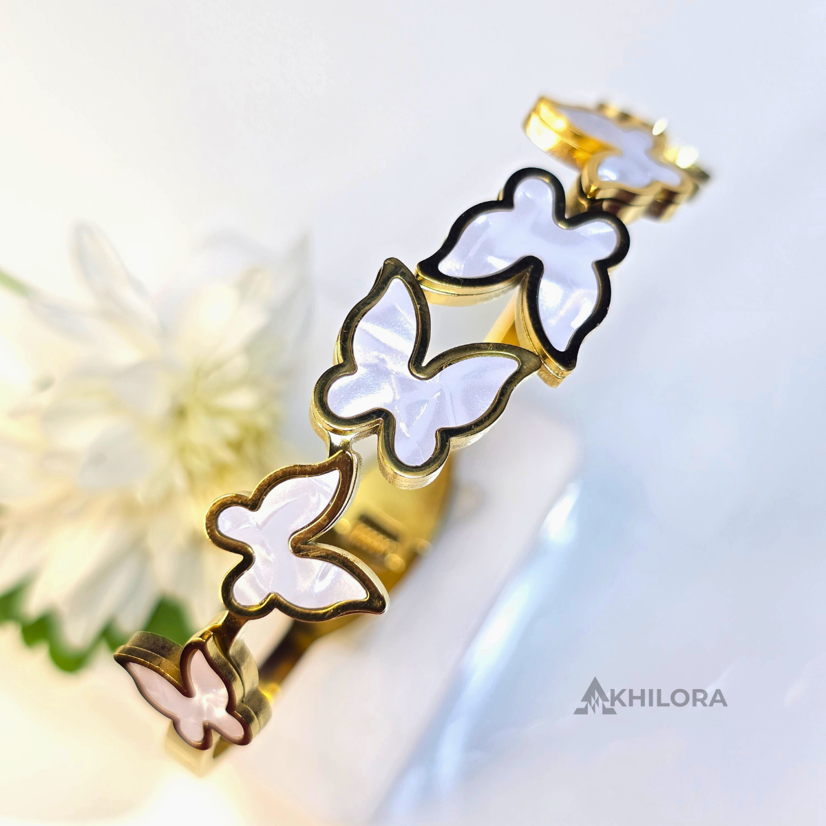 AK00169 - Ethereal White Butterfly Gold-Plated Bangle