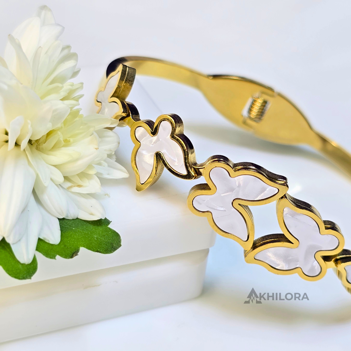 AK00169 - Ethereal White Butterfly Gold-Plated Bangle