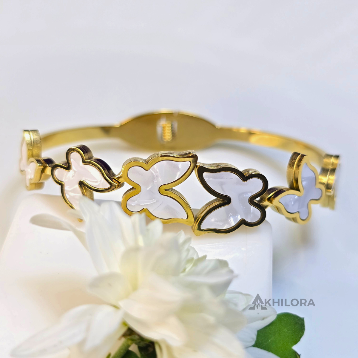 AK00169 - Ethereal White Butterfly Gold-Plated Bangle