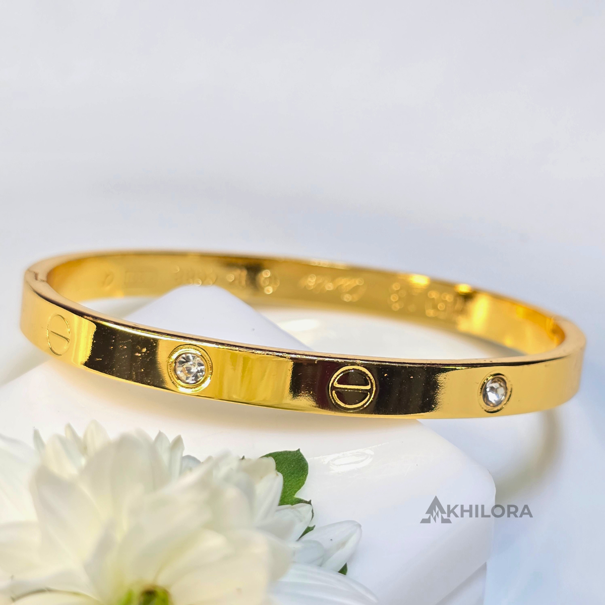 AK00171 - Iconic Screw Motif Gold-Plated Bangle with Crystal Accents