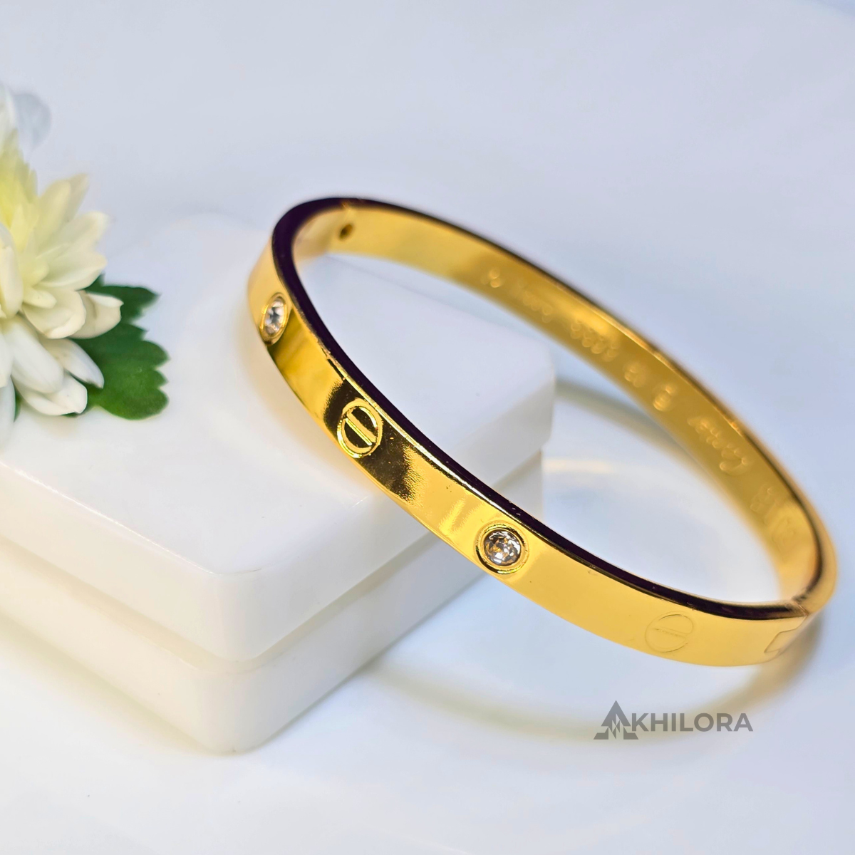 AK00171 - Iconic Screw Motif Gold-Plated Bangle with Crystal Accents