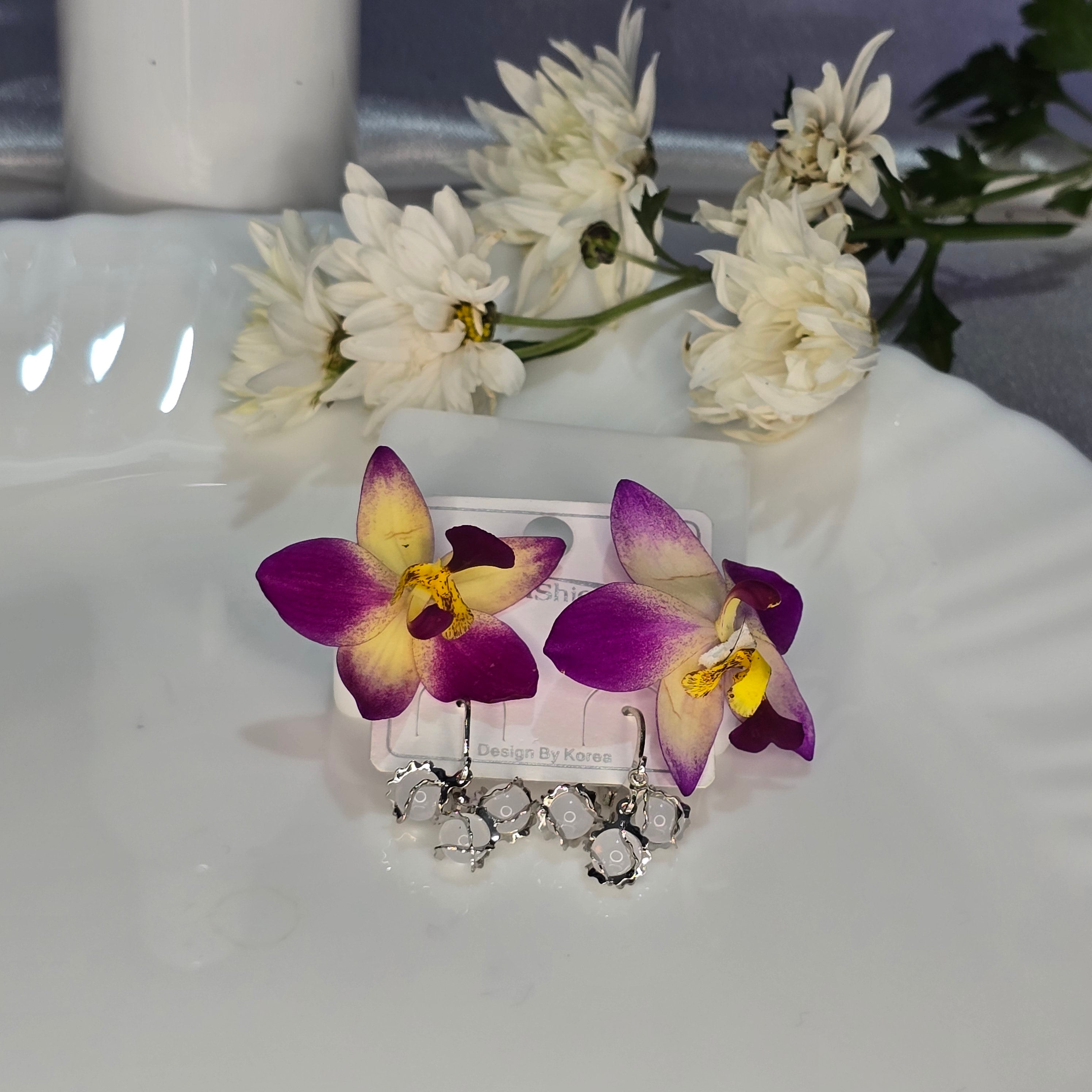 AK00039 - Enchanted Orchid Realistic Floral Drop Earrings
