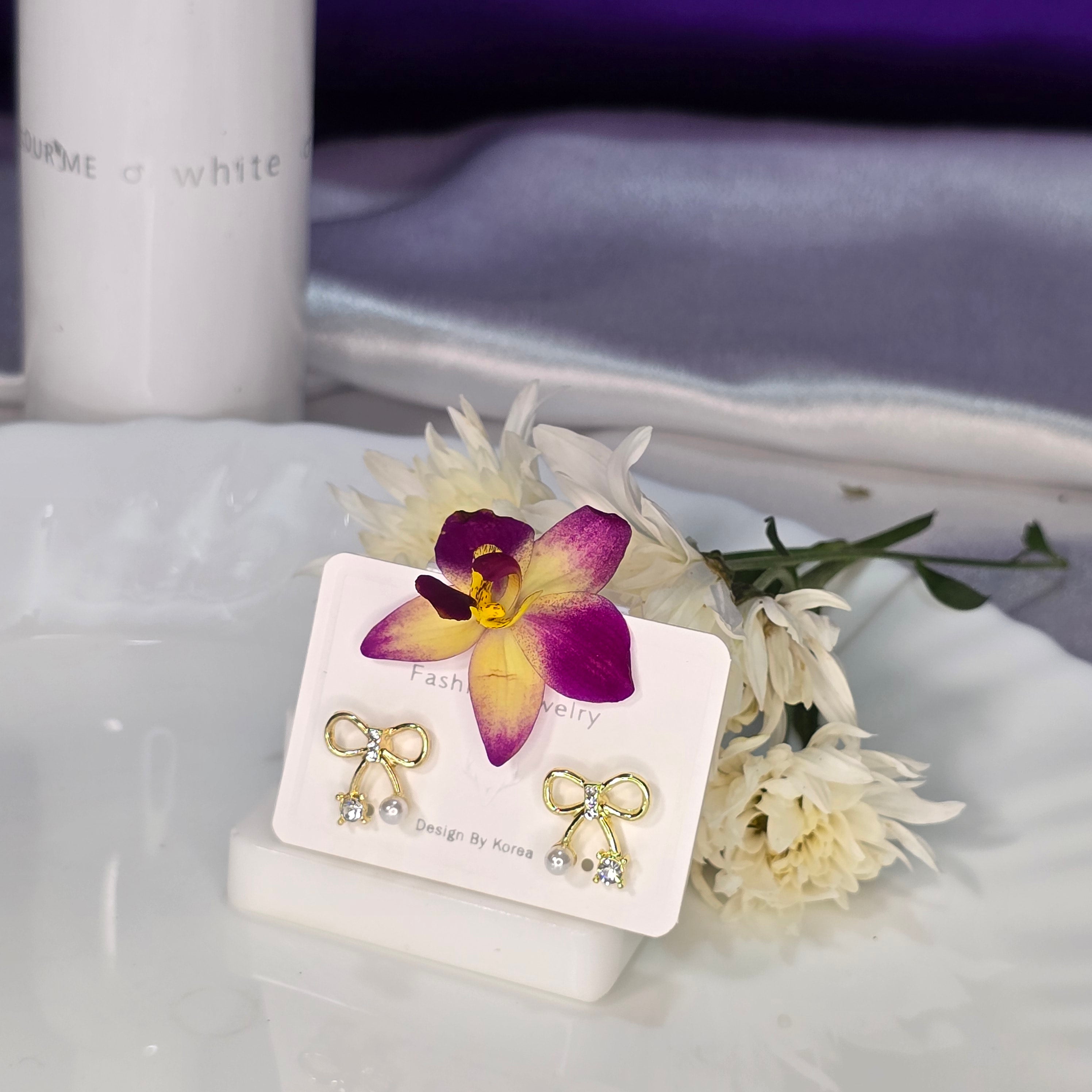AK00049 - Dainty Bow & Pearl Stud Earrings – Crystal Accented