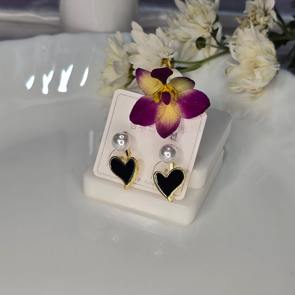 AK00055 - Midnight Heart & Pearl Enamel Drop Earrings